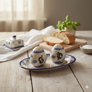 Boleslawiec Polish Pottery Salt & Pepper Shakers w/ under plate Unikat Signed